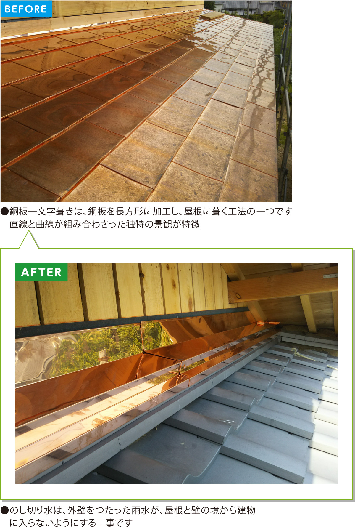 戸建住宅「その他」の施工事例02：屋根を銅板一文字葺きで葺き、銅ののし水切りを施工