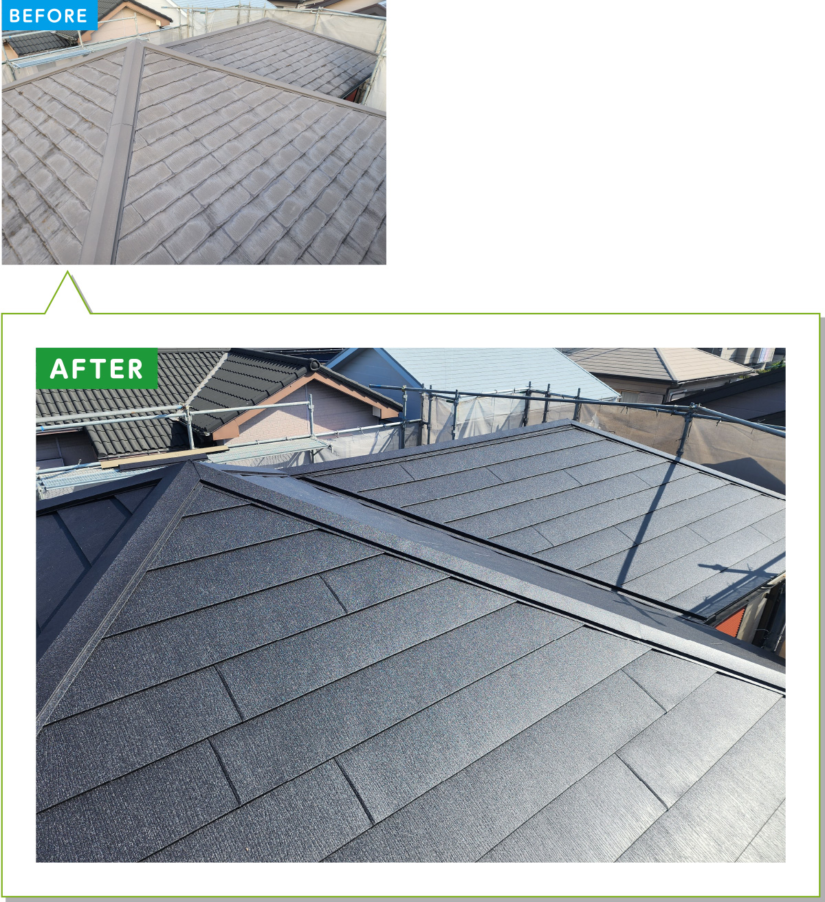 戸建住宅「屋根」の施工事例03：古いカラーベストから断熱入りガルバのカバー工法