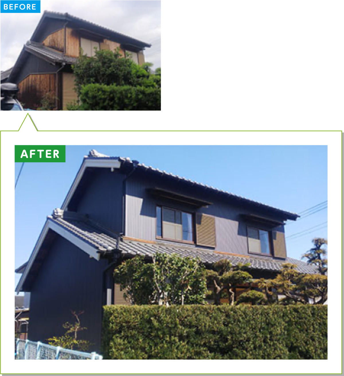 戸建住宅の外壁施工事例03：板貼りの外壁をガルバリウムに貼り替え