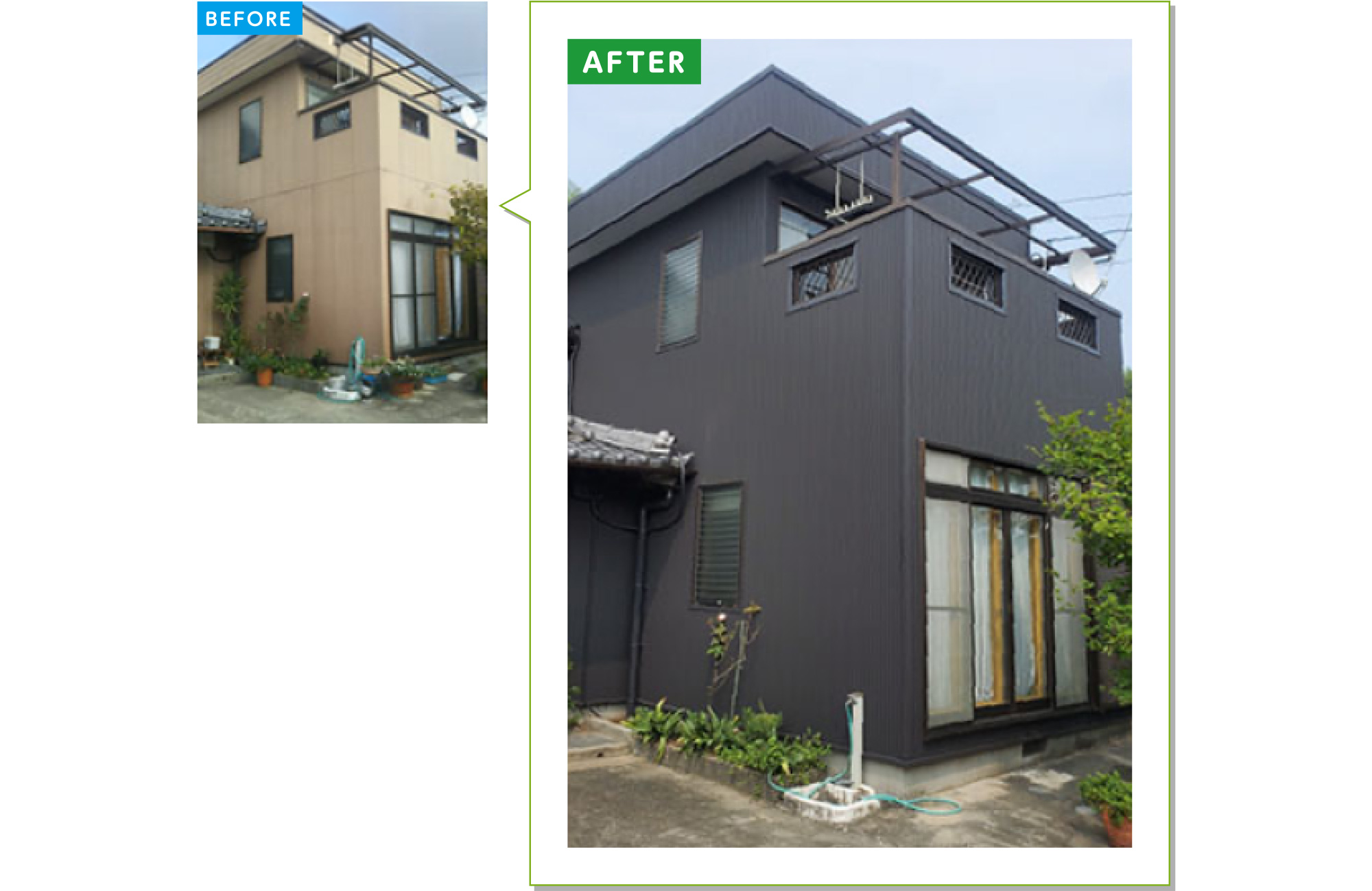 戸建住宅の外壁施工事例04：窯業系サイディングの外壁をガルバリウムカバー工法に