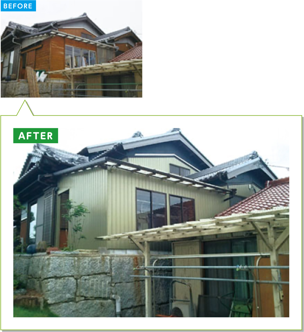 戸建住宅の外壁施工事例10：木の板貼り外壁をガルバリウムに貼り替え