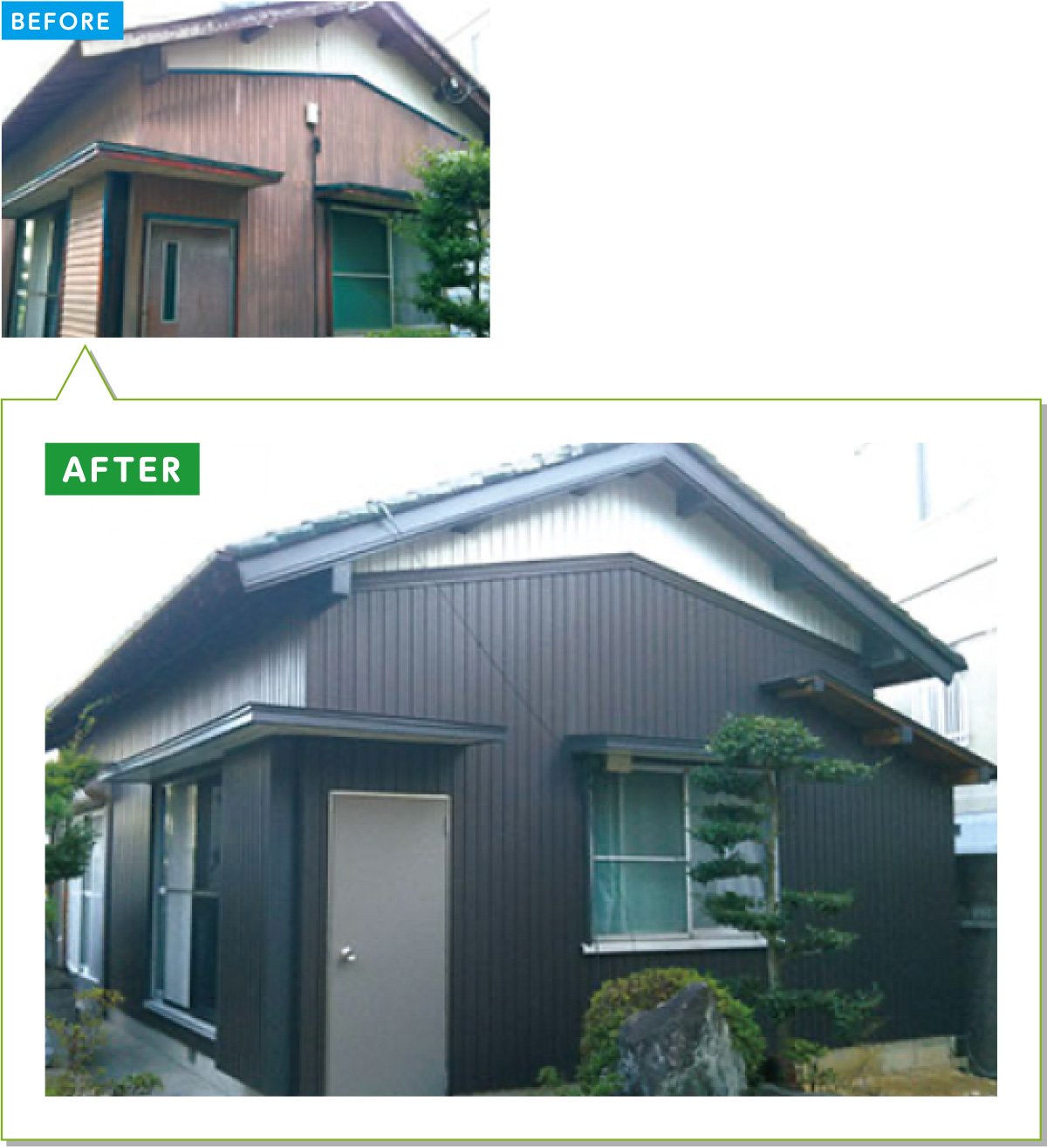 戸建住宅の外壁施工事例11：古くなったトタン板の外壁をガルバリウムに貼り替え