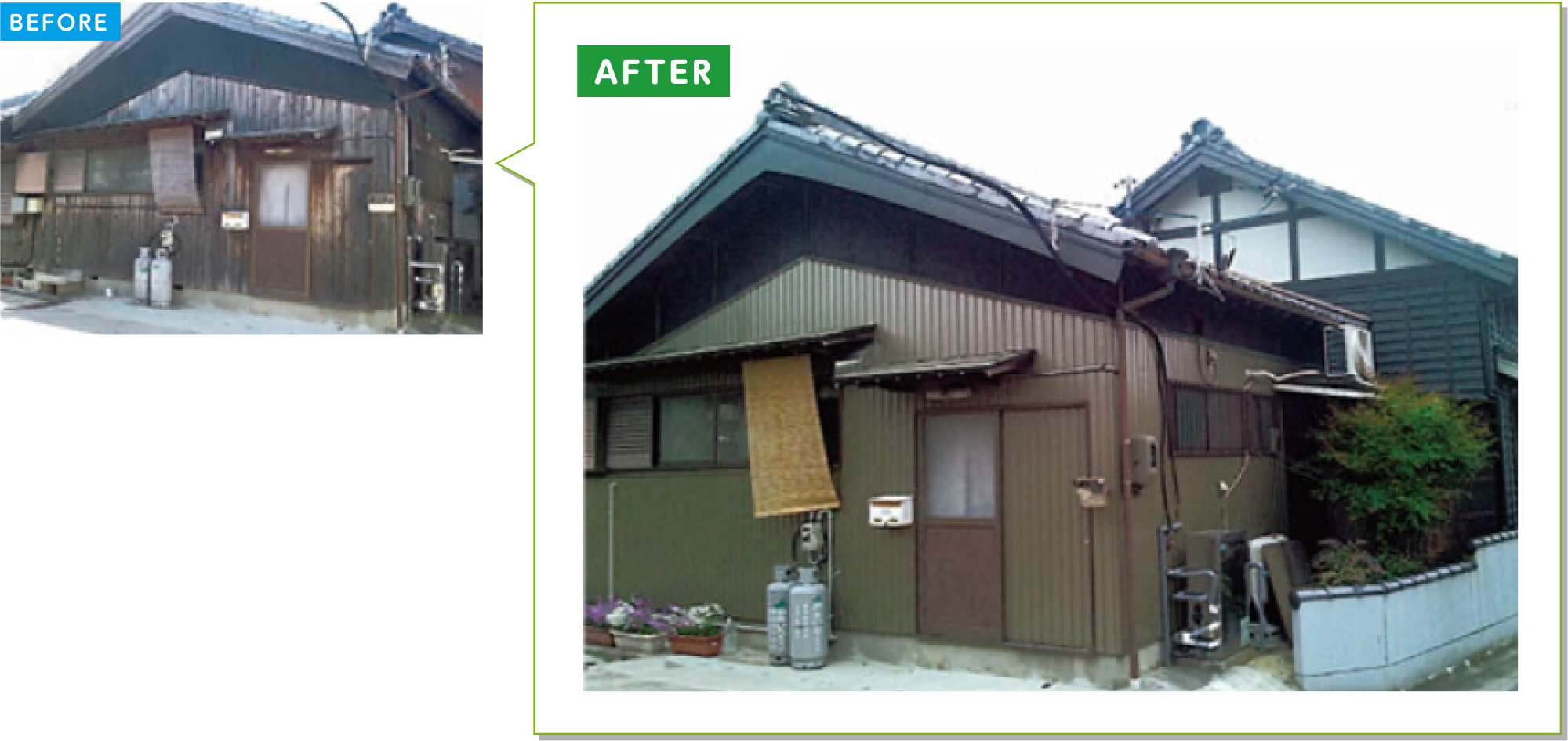 戸建住宅の外壁施工事例14：木の板の外壁をガルバリウム工法で包む